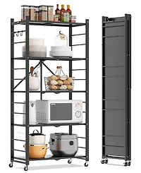 Sugift 5-Tier Foldable Storage Shelves, Metal Storage Rack with Wheels and Hooks