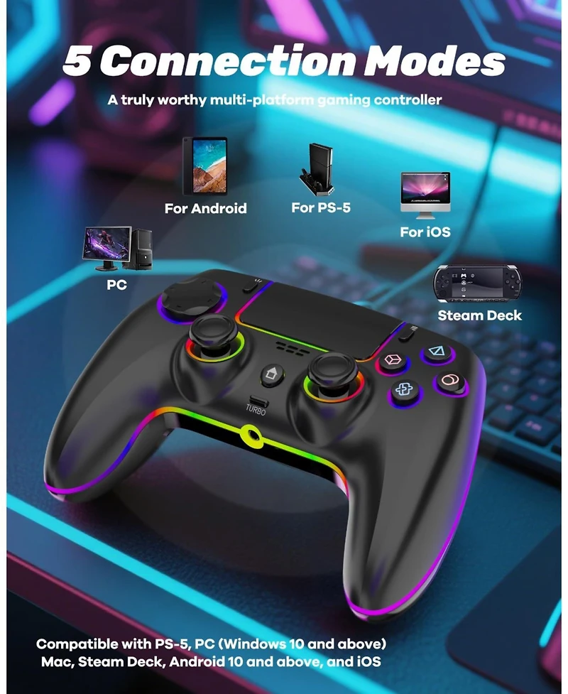 Nbcp Wireless Controller for PS5/Pro/Pc/Mac/iOS/Android/Steam Deck, Rgb Lighting, Dual Vibration, 6-Axis Gyro Sensor, Turbo, Programmable, Audio Jack,