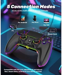 Nbcp Wireless Controller for PS5/Pro/Pc/Mac/iOS/Android/Steam Deck, Rgb Lighting, Dual Vibration, 6-Axis Gyro Sensor, Turbo, Programmable, Audio Jack,