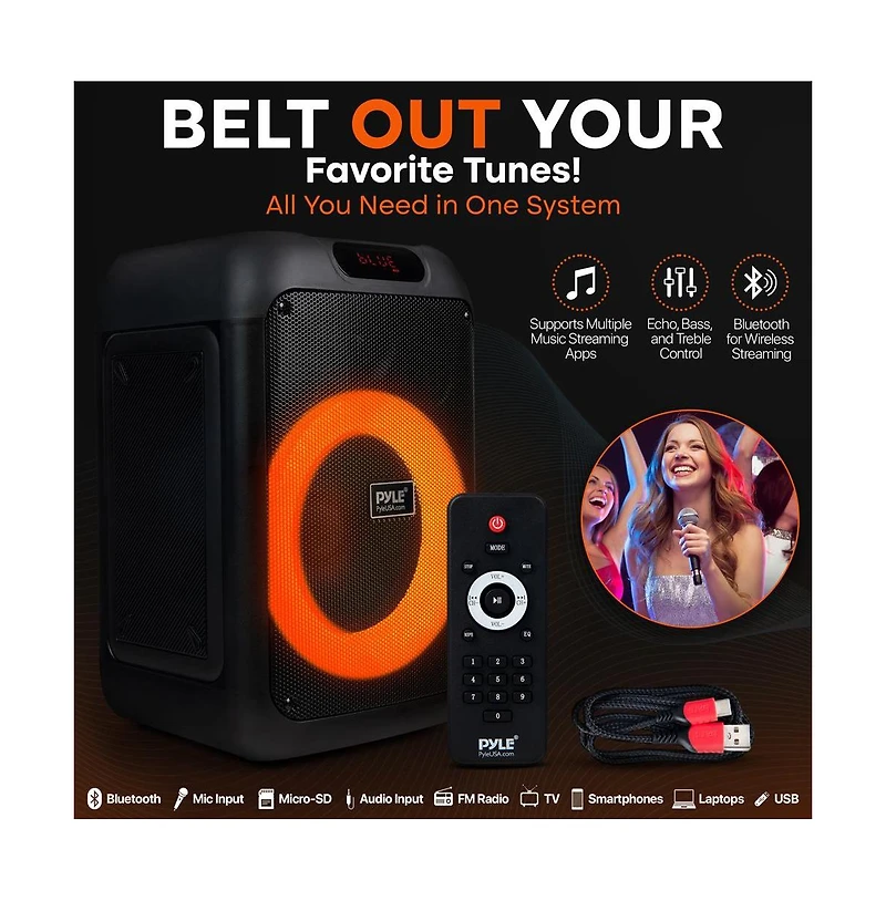 Pyle Portable Bt Party Speaker with Built-in Rechargeable Battery, Tws Function, Mic Input, Mic Echo Control, Bass and Treble Control