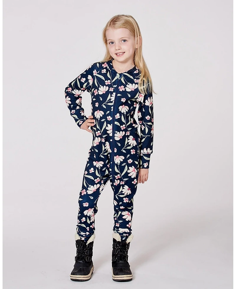 Deux par Toddler Girls One-Piece Thermal Underwear Navy Flower Print - Toddler|Child
