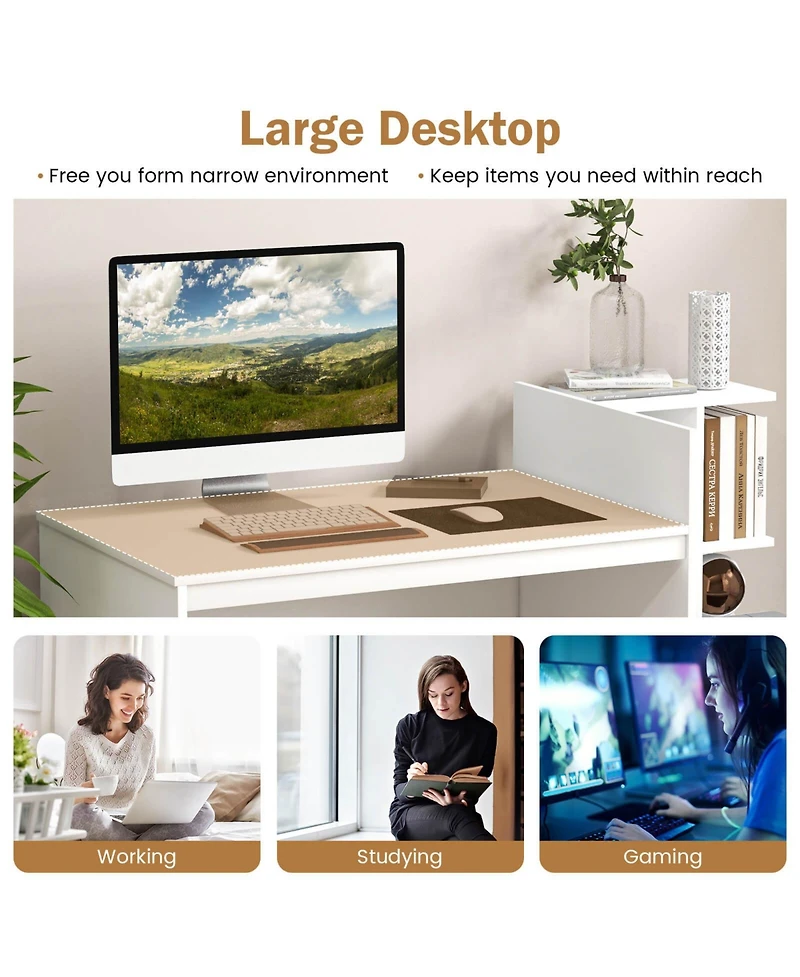 Mecale Computer Desk Home Office with Bookshelf and Drawers