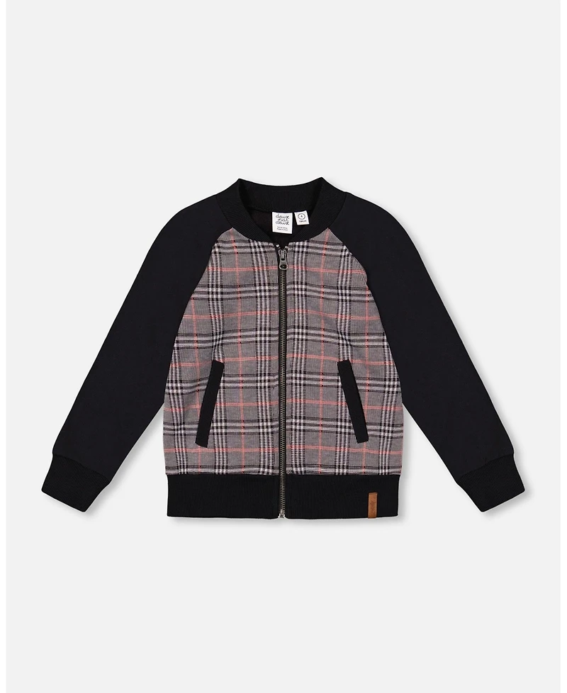 Deux par Baby Boy Bi-Material Zip Front Jacket Gray and Black Plaid