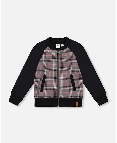 Deux par Baby Boy Bi-Material Zip Front Jacket Gray and Black Plaid