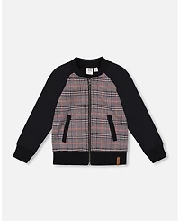 Deux par Baby Boy Bi-Material Zip Front Jacket Gray and Black Plaid