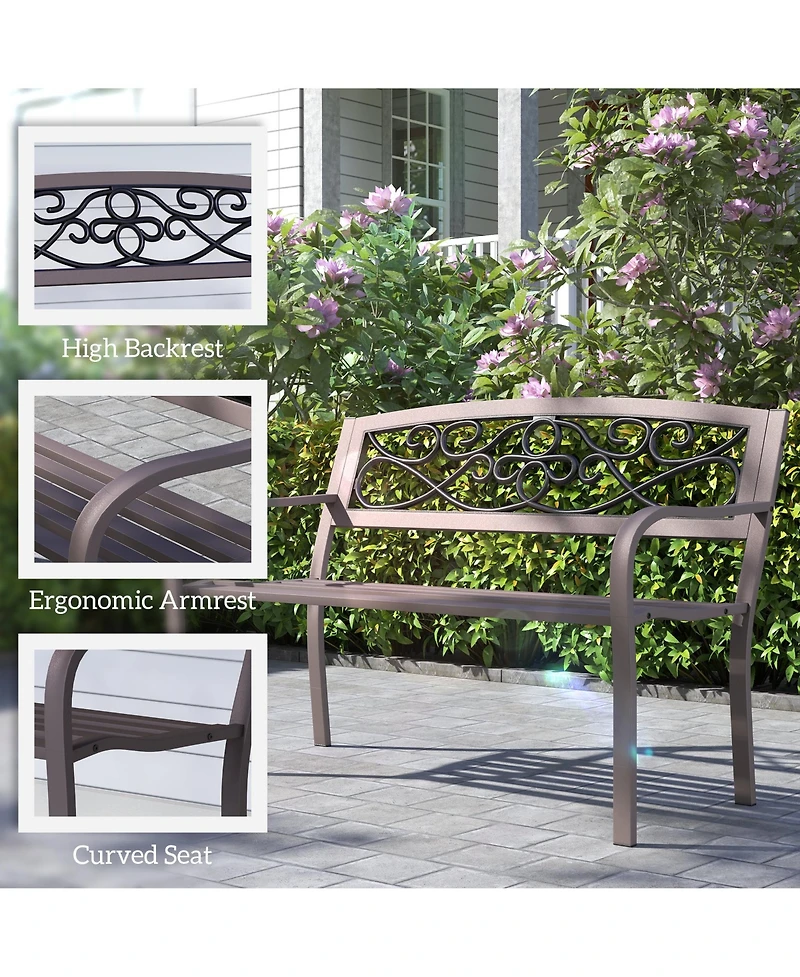 Outsunny Outdoor Bench, Steel Garden Bench with Floral Backrest,