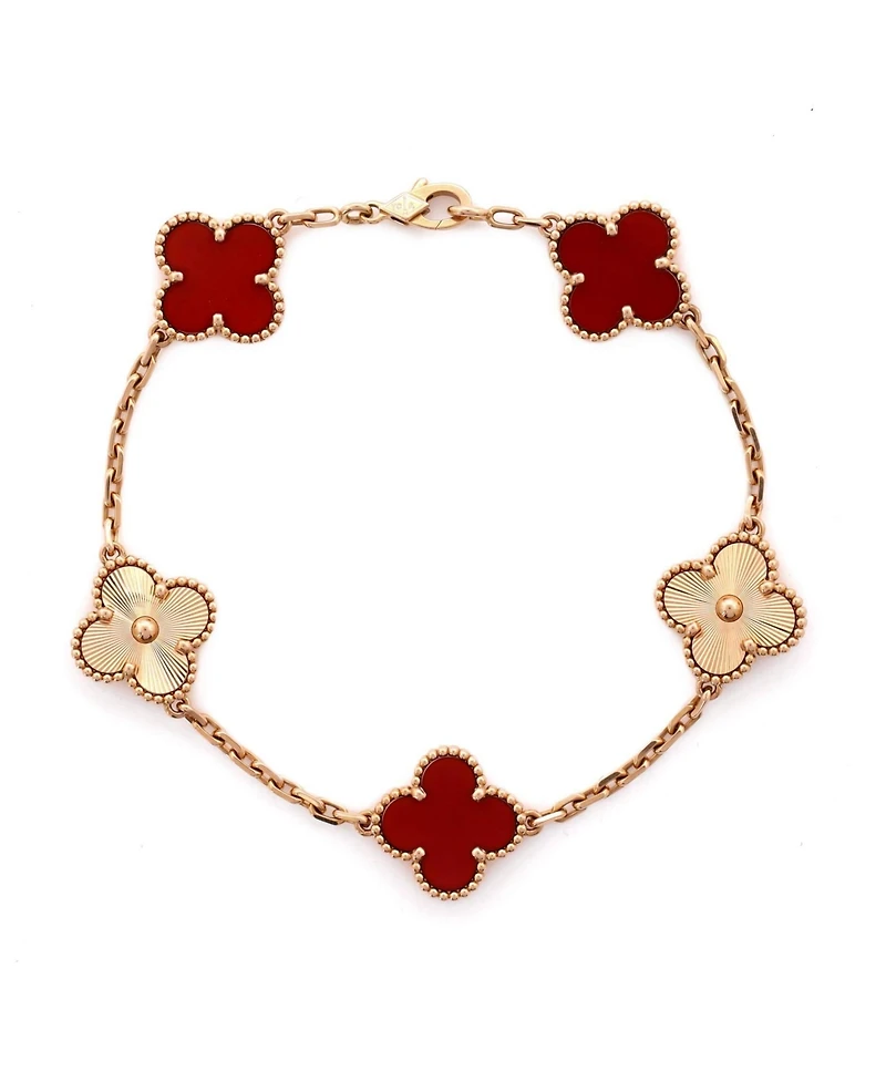 Pre-Owned Van Cleef & Arpels Vintage Alhambra 5 Motifs Bracelet Guilloche 18K Rose Gold and Carnelian