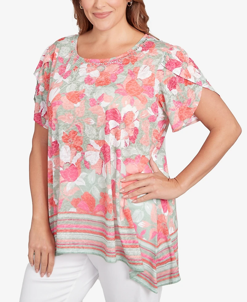 Ruby Rd. Plus Floral Striped Border Flutter Sleeve Top