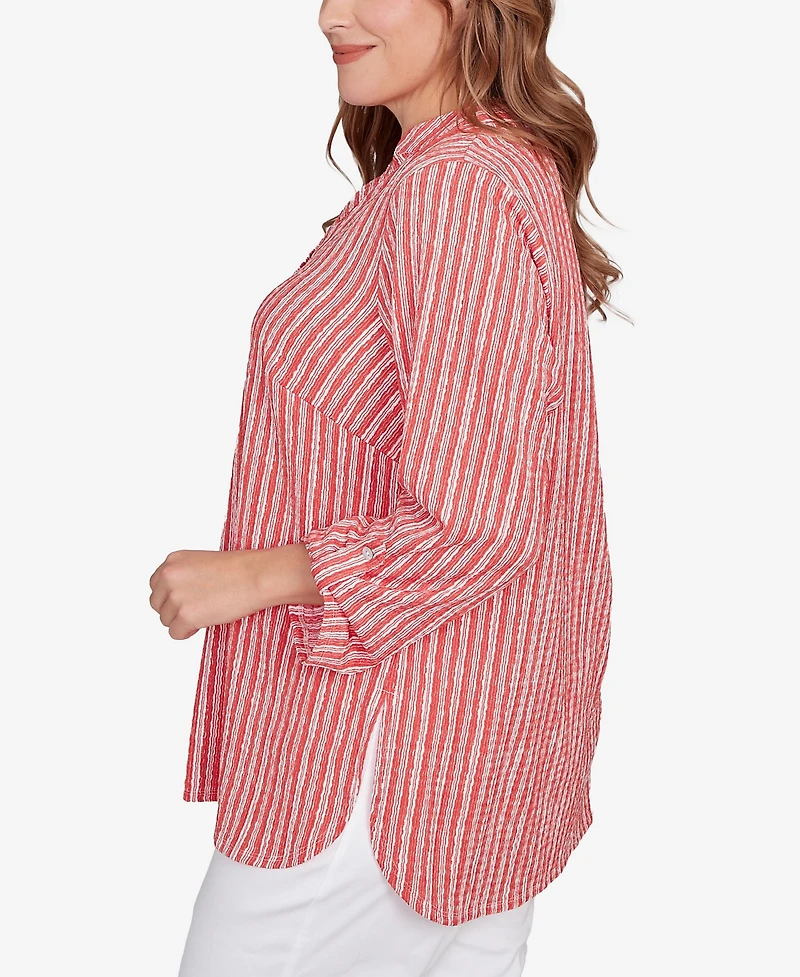 Ruby Rd. Plus Size Crinkle Knit Striped Henley Top