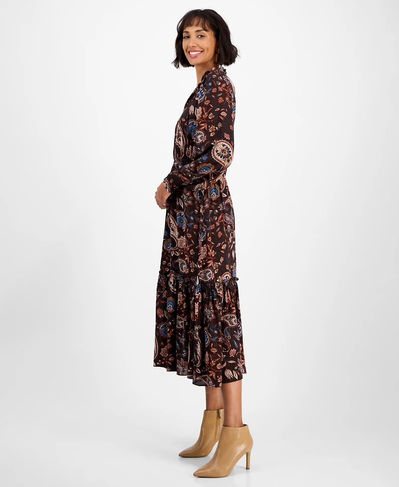 T Tahari Women's Printed Split-Neck Long-Sleeve Midi Dress