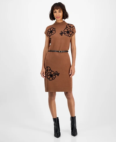 T Tahari Women's Floral-Embroidered Sweater Dress