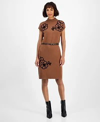 T Tahari Women's Floral-Embroidered Sweater Dress