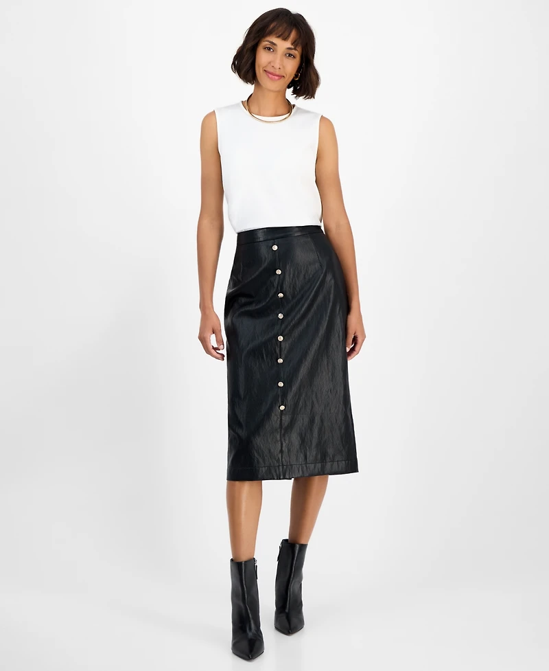 T Tahari Women's Faux-Leather Midi Skirt
