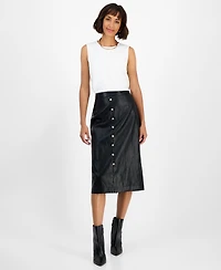 T Tahari Women's Faux-Leather Midi Skirt