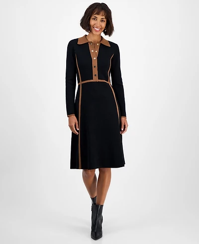 T Tahari Women's Collared Long-Sleeve Snap-Front Dress