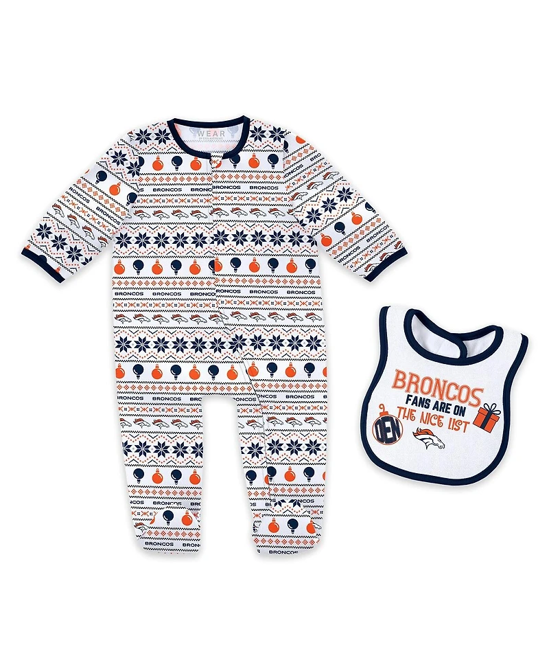 Wear by Erin Andrews Baby Boys and Girls Denver Broncos Allover Print Full-Zip Sleeper with Bib Set