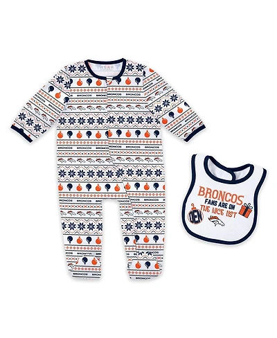 Wear by Erin Andrews Baby Boys and Girls Denver Broncos Allover Print Full-Zip Sleeper with Bib Set