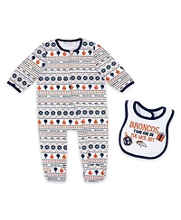 Wear by Erin Andrews Baby Boys and Girls Denver Broncos Allover Print Full-Zip Sleeper with Bib Set