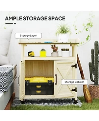 Outsunny Outdoor Potting Bench with Storage, Wheels, Natural Wood