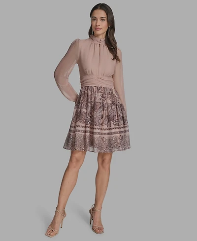 Bcbg Women's Mock-Neck Long-Sleeve Chiffon Fit & Flare Dress