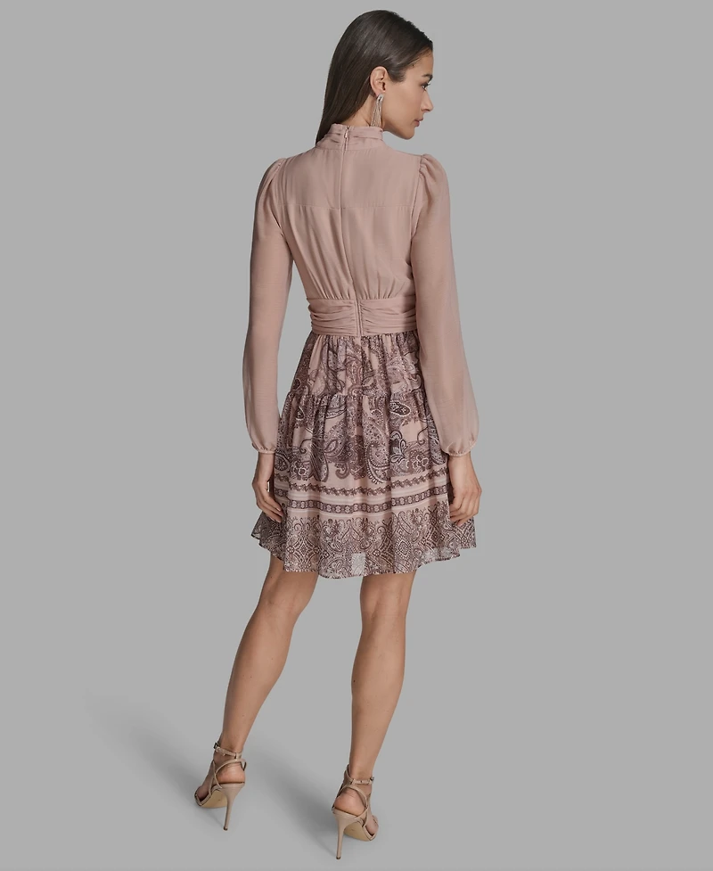 Bcbg Women's Mock-Neck Long-Sleeve Chiffon Fit & Flare Dress