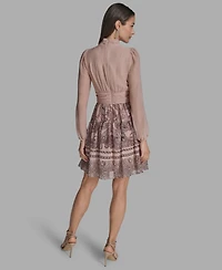 Bcbg Women's Mock-Neck Long-Sleeve Chiffon Fit & Flare Dress