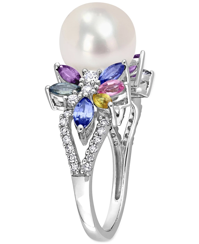 Cultured Freshwater Pearl (9mm), Multi-Sapphire (1-5/8 ct. t.w.) & Diamond (1/8 Ring 14k White Gold