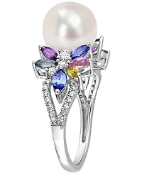 Cultured Freshwater Pearl (9mm), Multi-Sapphire (1-5/8 ct. t.w.) & Diamond (1/8 Ring 14k White Gold