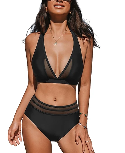 Cupshe Women's Halter V Neck Tie Back Mesh Panel Bikini Sets
