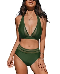 Cupshe Women's Halter V Neck Tie Back Mesh Panel Bikini Sets