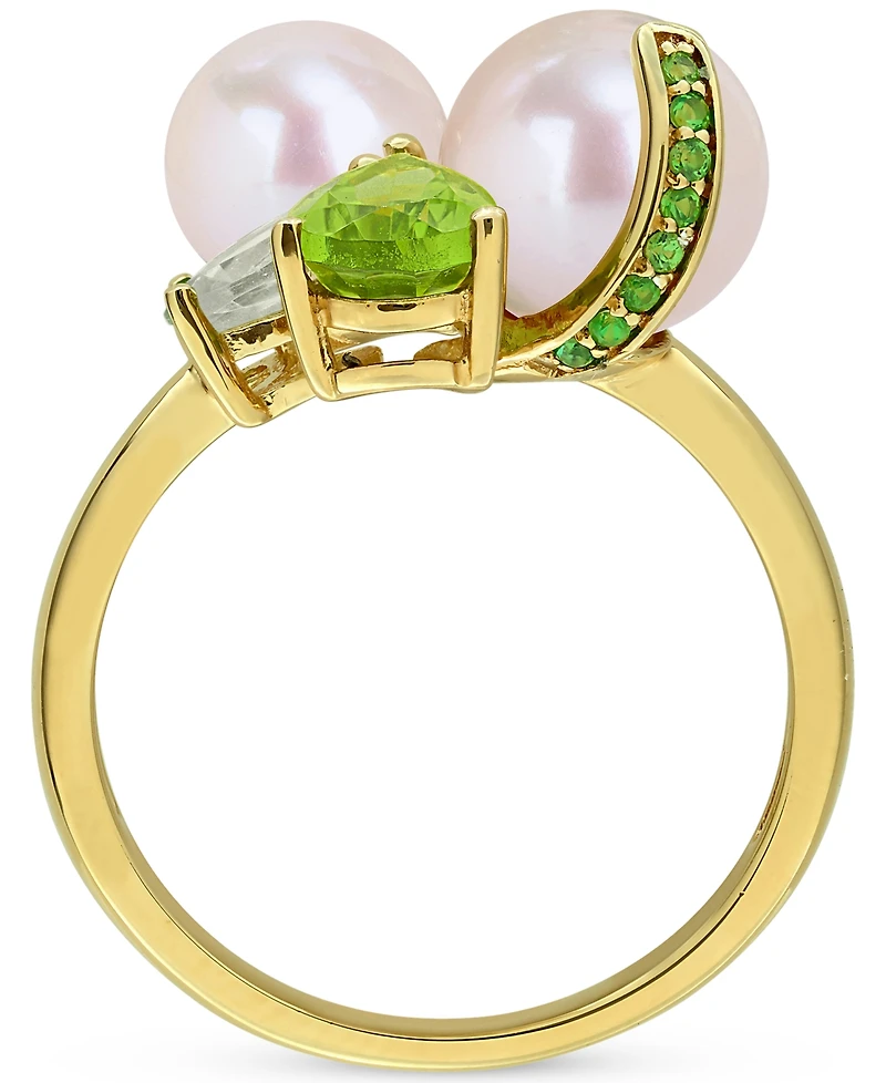 Cultured Freshwater Pearl (7-8.5mm) Multi-Gemstone (1-3/4 ct. t.w.) Ring 18k Gold-Plated Sterling Silver