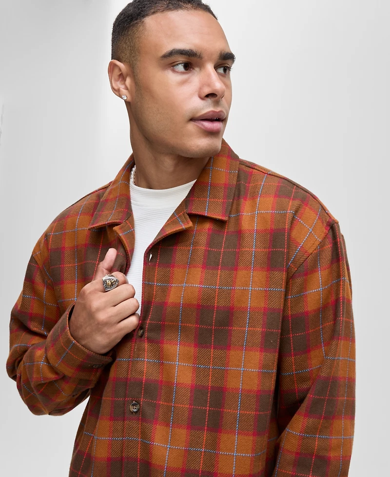 Mode of One Men's Relaxed-Fit Camp-Collar Plaid Flannel Shirt, Macy's Exclusive