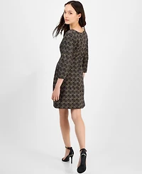 Connected Petite Printed Round-Neck 3/4-Sleeve Dress