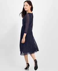 Connected Petite Mesh Tie-Waist 3/4-Sleeve Midi Dress