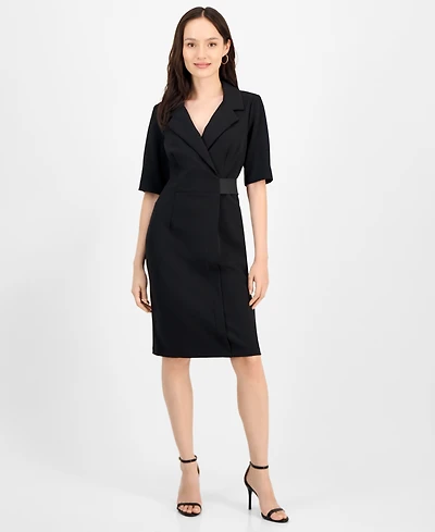 Connected Petite Scuba Faux-Wrap Notch-Collar Dress