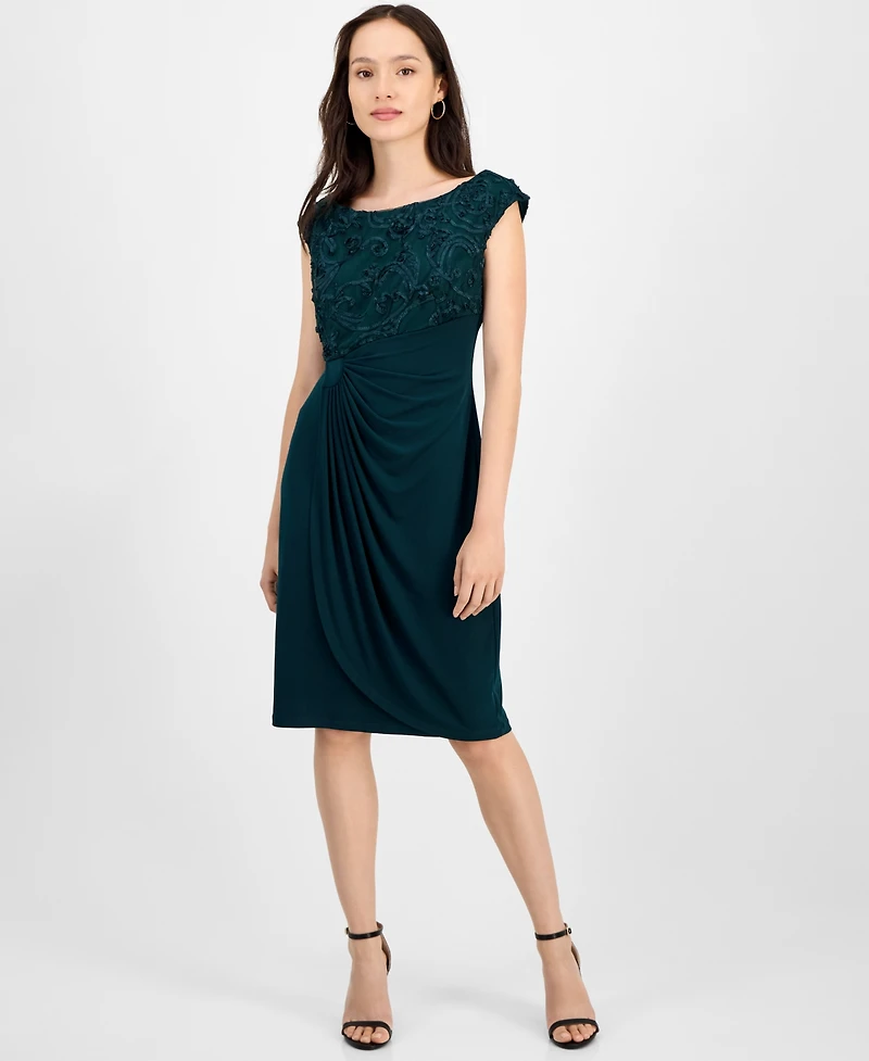 Connected Petite Textured-Bodice Boat-Neck Cap-Sleeve Dress