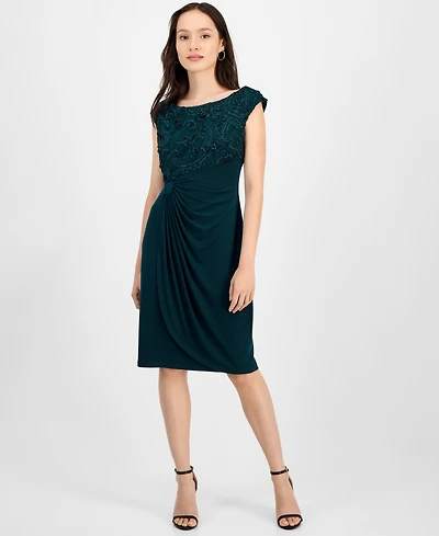 Connected Petite Textured-Bodice Boat-Neck Cap-Sleeve Dress