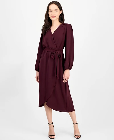 Connected Petite Long-Sleeve Tied Wrap Dress