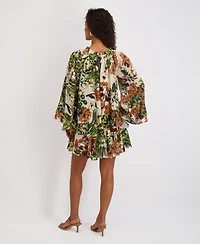 kensie Women's Printed Ruffled Volume-Sleeve Tiered Dress