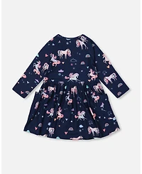 Deux par Girl Jersey Dress with Pockets Navy Unicorn Print