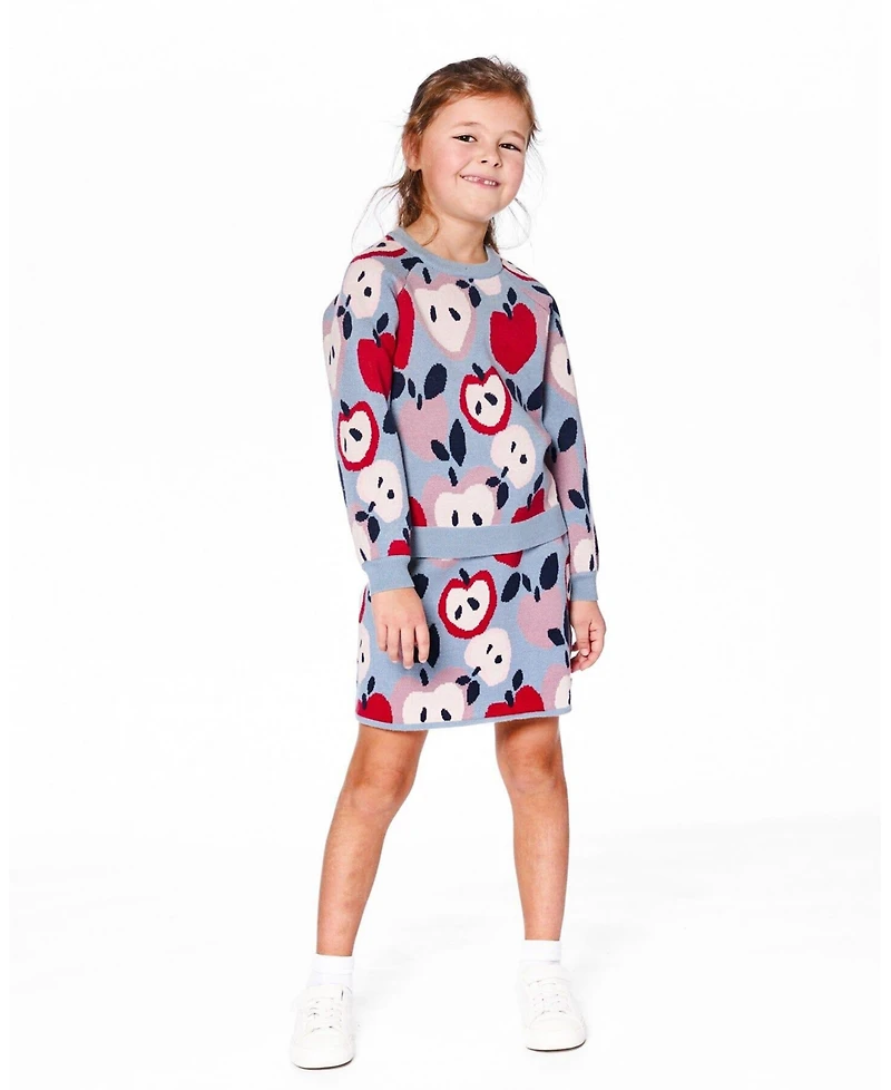 Deux par Girl Knit Skirt Blue and Red with Apple Heart Jacquard