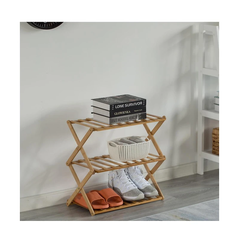 Basicwise Bamboo Foldable Shoe Rack, Free Standing Shoe Organizer Storage Rack
