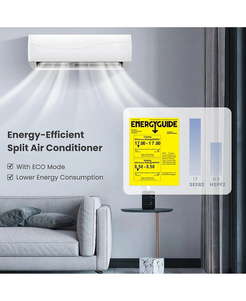 Gymax 12000 Btu Mini Split Air Conditioner & Heater 17 SEER2 208-230V Ductless Inverter Ac Unit