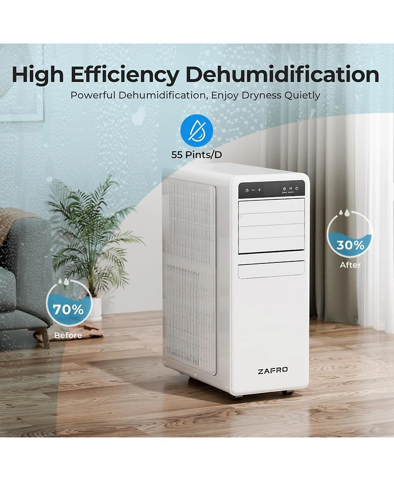 Zafro 10,000 Btu Portable Air Conditioner 3-in-1 with Fan, Dehumidifier & Drain-Free Cooling, App/Remote Control, Quiet 48dB, Sleep Mode, 24H Timer