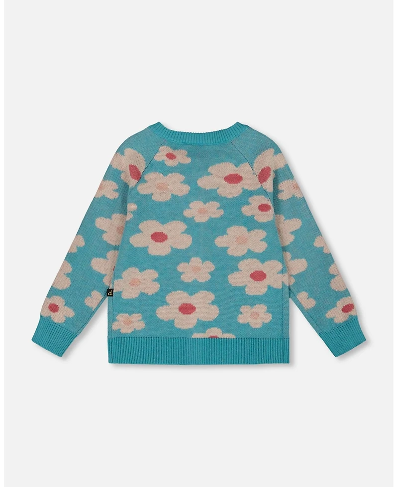 Deux par Girl Button Front Knitted Cardigan Turquoise Blue