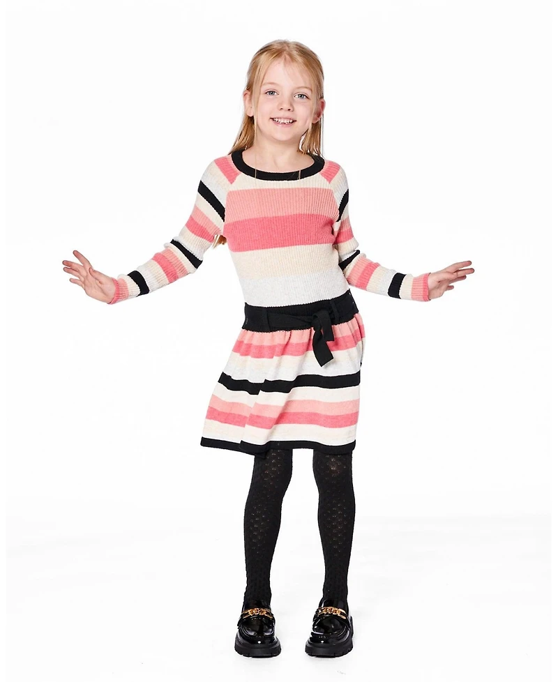 Deux par Big Girls Striped Knit Dress Beige Black and Pink