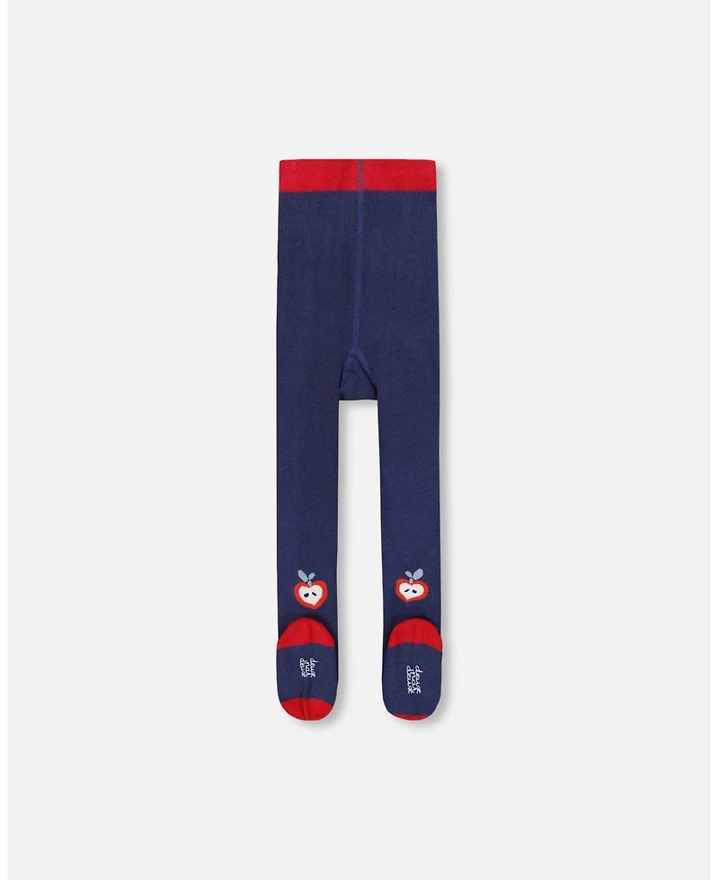 Deux par Girl Knit Tights Navy Blue with Apples - Toddler|Child