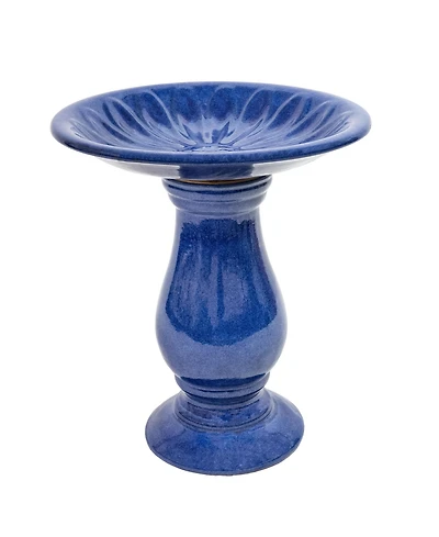 Daisy Embossed Bowl Ceramic Bird Bath with Glazed Finish - Blue - 21.5" H