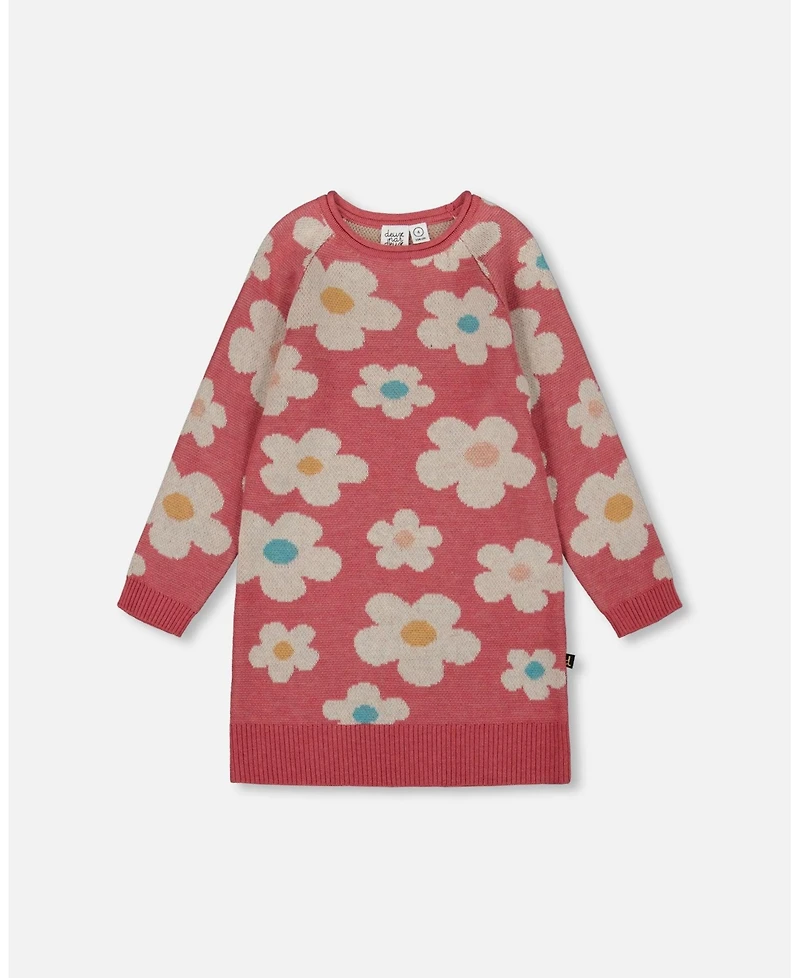 Deux par Toddler Girls Knitted Dress with Flower Jacquard Old Pink and Beige - Toddler|Child