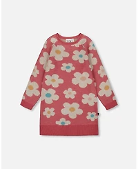 Deux par Toddler Girls Knitted Dress with Flower Jacquard Old Pink and Beige - Toddler|Child